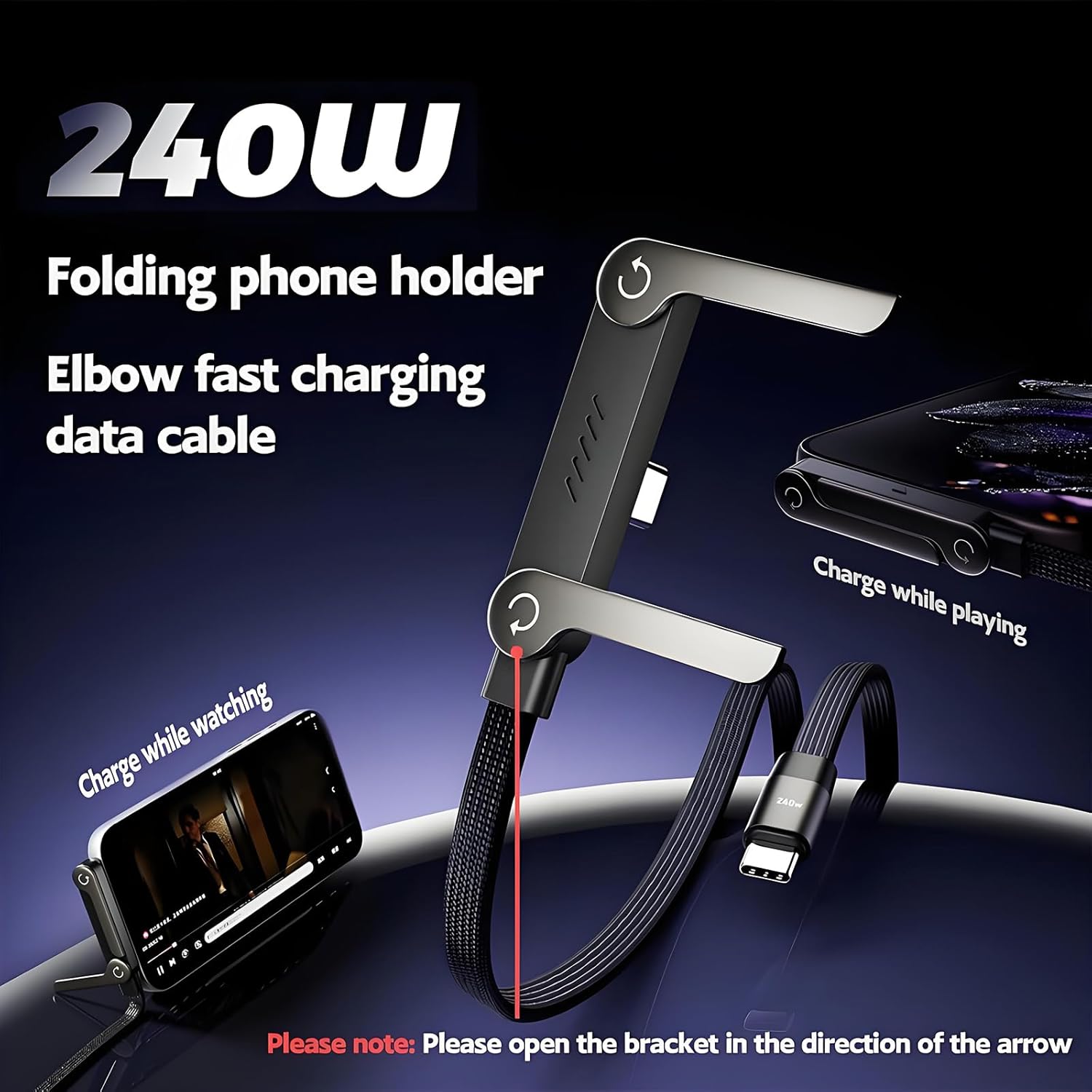 240W Type-C Fast Charge Cable with Phone Stand - Image 2
