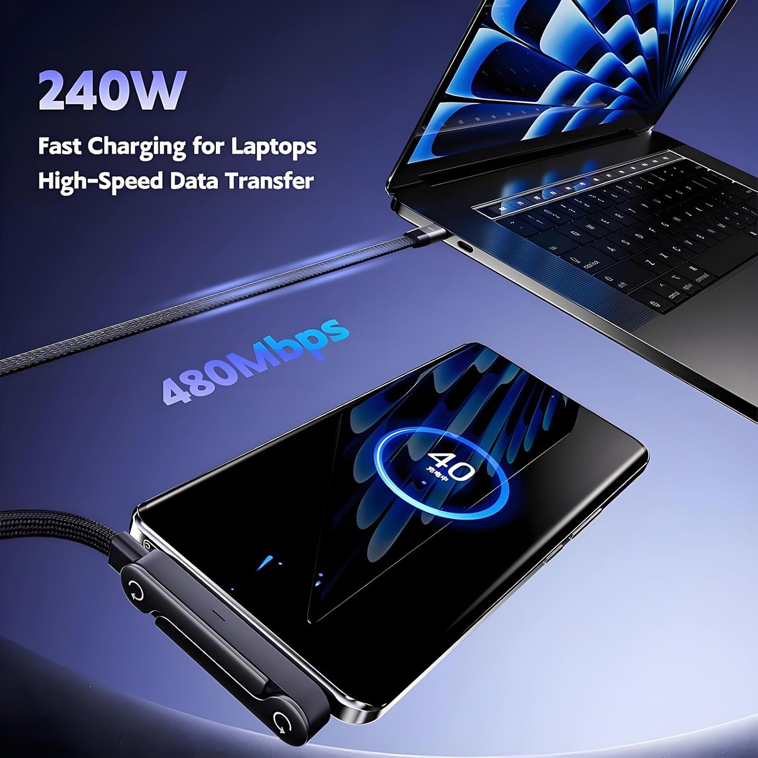 240W Type-C Fast Charge Cable with Phone Stand - Image 3